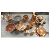 1128	LARGE LOT OF ASSORTED COPPER COOKWARE, DOUBLE BOILER LINER IS CRACKED