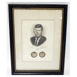 1133	FRAMED JOHN F KENNEDY COMMEMORATIVE INCLUDING 2 SILVER 1964 KENNEDY HALVES, 10 1/4 IN X 13 1/4 