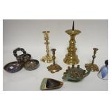 1139	GROUP OF BRASS CANDLESTICKS, INCLUDING BALDWIN, SILVER PLATE DIVIDED TRAY AND ENAMELLED BELL