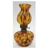 1159	BEAD & SWIRL AMBER KERO LAMP W/RED & WHITE SPATTER, 8 1/4 IN HIGH