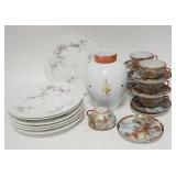 1253	CHINA LOT-7 AUSTRIAN PLATES, DECORATED VASE & ASIAN CUPS & SAUCERS, PLATES ARE 10 IN
