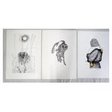 1073	LOT OF THREE SIGNED MURRAY BLOOM LIMITED EDITION PRINTS, ONE DEPICTING AN OWL LOOKING OVER ITS 