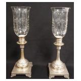1009	PAIR OF ANTIQUE ENGLISH SILVER PLATE HURRICANE CANDLE STICKS, SHADE W/RIM CHIP, 19 1/2 IN HIGH