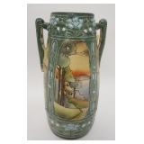 1014	DOUBLE HANDLED POTTERY VASE W/ARTS & CRAFTS STYLE DESIGNS & SCENES, HAIR LINE AT TOP, 12 IN HIG