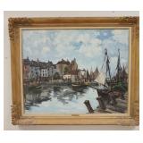 1015	FERNAND HERBO LARGE OIL PAINTING ON CANVAS OF A HARBOR SCENE, 48 IN WIDE X 40 1/2 IN HIGH OVERA