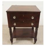 1019	ANTIQUE MAHOGANY 2 DRAWER WORK TABLE W/ACANTHUS CARVED LEGS, 31 IN HIGH X 18 IN DEEP X 22 IN WI