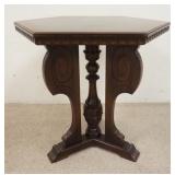 1026	WALNUT LAMP TABLE WITH CARVED CENTER COLUMN, HEXAGON SHAPE TOP, 27 1/2 IN X 29 1/2 IN HIGH