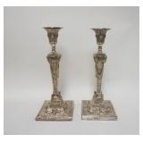 1037	PAIR OF OUTSTANDING SILVER CANDLESTICKS WITH TOUCH MARKS AND INTRICATELY DECORATED WITH MASKS, 