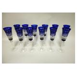 1039	12 COBALT BLUE CUT TO CLEAR KING LOUIS CHAMPAGNE FLUTES, 9 5/8 IN HIGH, 1 WITH SMALL RIM NICK