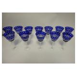 1040	12 COBALT BLUE CUT TO CLEAR KING LOUIS WINE GLASSES, 4 1/8 X 8 1/8 HIGH