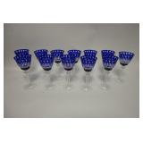 1041	12 COBALT BLUE CUT TO CLEAR KING LOUIS WINE GLASSES, 3 5/8 X 8 HIGH