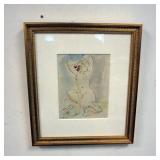 1055	LUDWIG KLIMECK FRAMED WATERCOLOR AND DRAWING OF NUDE WOMEN, SIGNED LOWER LEFT, IMAGE SIZE 7 1/2