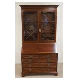 1061	WALNUT SECRETARY DESK W/INDIVIDUAL PANE GLASS DOORS & BANDING AROUND DOORS & DRAWERS, 82 3/4 IN