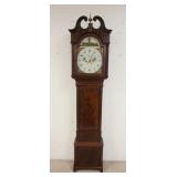 1070	ANTIQUE MAHOGANY GRANDFATHERS CLOCK W/HAND PAINTED DIAL, MISSING REAR LEGS, 86 IN HIGH X 9 IN D