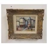 1072	OIL PAINTING ON BOARD SIGNED W/NY GALLERY LABEL ON BACK , STREET SCENE, 9 1/2 IN X 8 IN IMAGE