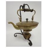 1081	BRASS TEAPOT ON WROUGHT IRON STAND W/WARMER, 14 1/2 IN HIGH