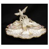 1085	PORCELAIN INKWELL & TRAY W/2 BIRDS, GOLD DECORATION & ACCENTS, 10 1/2 IN WIDE X 6 3/4 IN HIGH