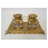 1087	VICTORIAN GILT METAL INKWELLS W/PEN & PEN HOLDER, 6 3/4 IN X 4 IN