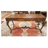 1093	UNUSUAL WALNUT SOFA TABLE W/DRAWER & PULL OUT EXTENSION LEAVES, CARVED SKIRT & MEDALLION INLAID