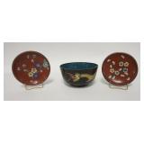 1098	3 PIECE GROUP OF CLOISONNE, BOWL & 2 SMALL PLATES, BOWL IS 4 1/2 IN X 2 1/2 IN, PLATES ARE 3 7/