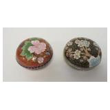 1102	2 ROUND CLOISONNE COVERED BOXES, 2 IN HIGH X 3 1/4 IN