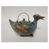 1110	UNUSUAL CLOISONNE GOOSE DOUBLE HANDLED TEAPOT, 7 IN X 4 3/4 IN HIGH