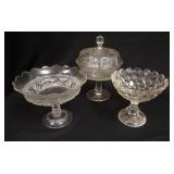 1119	3 ANTIQUE PATTERN GLASS COMPOTES, ONE COVERED, 2 OPEN, HONEYCOMB COMPOTE IS FLINT, COVERED PIEC