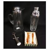 1120	BARWARE LOT-COCKTAIL PITCHER, SHAKER, 12 MUDDLERS (2 STYLES) & A CORKSCREW, PITCHER  & SHAKER H
