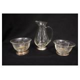 1121	PITCHER & 2 BOWLS W/STERLING SILVER BASES, ONE BOWL BASE IS DENTED, PITCHER IS 8 1/2 IN HIGH