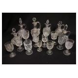 1126	19 PIECE PATTERN & CUT GLASS LOT, CRUETS, WINES, ETC, TALLEST IS 7 3/4 IN