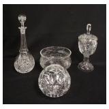 1133	4 PIECE CUT CRYSTAL, DECANTER, COVERED JAR, LARGE BOWL, & ROSE BOWL, TALLEST IS 14 1/2 IN HIGH