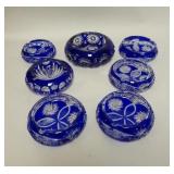 1135	7 BLUE CUT TO CLEAR ASH TRAYS, LARGEST IS 7 1/2 IN & IS CHIPPED