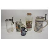 1136	LOT 4 STEINS & A HERALDIC GLASS BOTTLE, TALLES IS 9 1/2 IN
