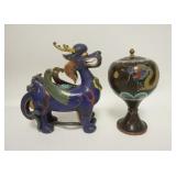 1139	2 PIECE CLOISONNE ANIMAL & COVERED JAR, BOTH PIECES HAVE DAMAGE, TALLEST IS 9 IN