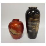 1147	`2 JAPANESE VASES, ONE LACQUER, ONE BRONZE W/MT FUJI, TALLEST IS 8 1/2 IN