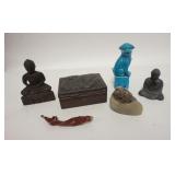 1148	LOT OF SMALL ASIAN ITEMS, 2 BUDDHA FIGURES-ONE IS METAL, PORCELAIN FOO DOG, METAL BOX W/DRAGON,