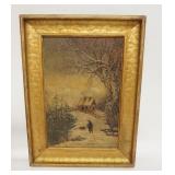 1149	OIL ON BOARD WINTER SCENE W/MAN & DOG, SIGNED LOWER RIGHT, IN GOLD FRAME, 17 3/4 IN X 24 IN INC