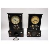 1205	2 ANTIQUE BLACK LAQUERED CLOCKS WITH INSET MOTHER OF PEARL, 1 CASE IRON, WOODEN CASE NEEDS LOWE