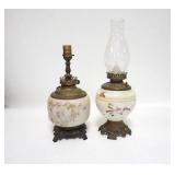 1236	LOT OF TWO HAND PAINTED VICTORIAN PARLOR LAMPS-ELECTRIFIED TALLEST IS 18 IN H