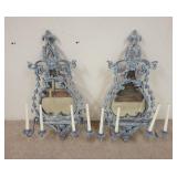 1238	PAIR OF ORNATE MIRROR BACK SCONCES PAINTED W/ A BLUE WASH 17 IN W 3 1/4 IN H 