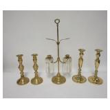 1239	LOT OF FIVE BRASS CANDLESTICKS; TWO PAIRS & A DOUBLE HOLDER W/ PRISMS. TALLEST IS 21 IN. 