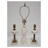 1261	GROUP OF THREE LAMPS; ALABASTER & TWO DECORATED GLASS. TALLEST IS 25 1/4 IN H. CORDS HAVE BEEN 