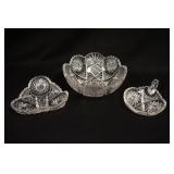 1264	3 PIECES OF AMERICAN BRILLAINT CUT GLASS-SOME MINOR RIM ROUGHNESS. LARGE BOWL IS 8 3/4 IN. 