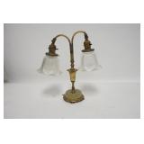 1265	BRASS & GREEN OYNX TWO LIGHT LAMP-SOCKET NEEDS TO RE-ATTACHED TO CURVED ARM. HAS TWO RIBBED GLA