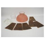 1266	GROUP OF LAMP SHADES. THE PINK CASED RIBBED SHADE IS 10 IN, LOT INCLUDES SMOKE BELL, SMALL WHIT