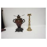 1269	MILLER VICTORIAIN PARLOR LAMP & A BRASS CANDLESTICK, LAMP HAS SHADE RING. TALLEST IS 15 1/4 IN 