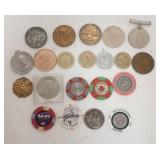 1277	LOT OF MEDALIONS/COMMEMORATIVE COINS, GAMBLING CHIPS ETC. INCLUDES 1921 ROWBOAT RACE 1ST PLACE 