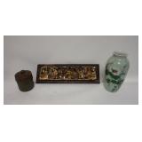 1292	THREE PIECE ASIAN LOT INCLUDING A DECORATED CELADON VASE, A GILT RELIEF WOOD CARVING, & A RED P