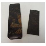1293	TWO PIECE LOT INCLUDING AN ASIAN LACQUERED BOX & AN ENGRAVED BRASS PLAQUE. THE BOX IS 11 3/4 IN