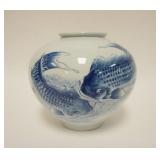 1006	BLUE & WHITE ASIAN VASE W/FISH, CHARACTER SIGNED, 8 3/4 IN HIGH